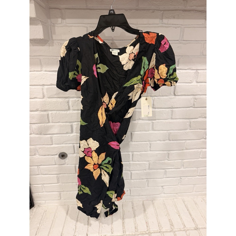 Billabong Womens S Black Floral Puff Sleeve Wrap Dress Boho Tropical Tie Waist